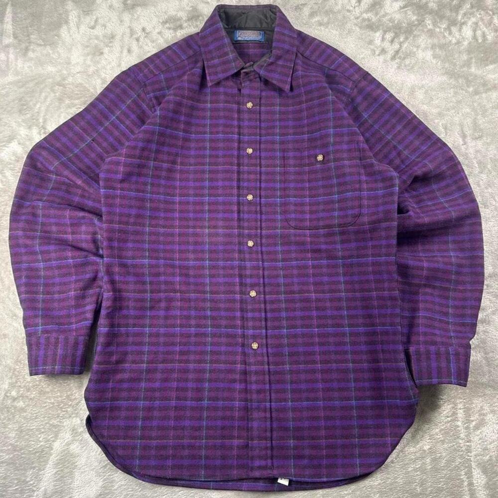 Vintage 70s Pendleton Men’s M Purple Plaid Wool Shirt USA Leather Elbow Patches